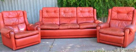 Vintage Mid-Century Red Leather 3 Pce Lounge Suite REDUCED