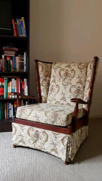 Pair queen anne style sofas in floral upholstery and walnut frame