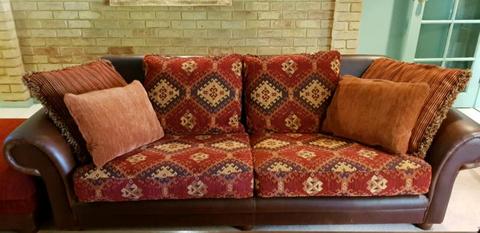 Leather & fabric 3 seater sofa, armchair & ottoman