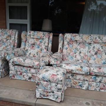 Bernard and keryn brown Sofa lounge two chairs and ottoman as new
