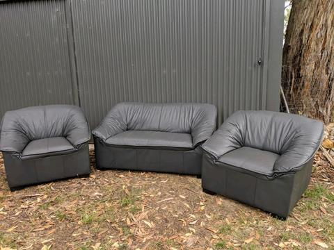 Leather lounge 2 seater, 2 x single - dark grey