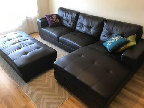 Black vinyl leather 3 seater couch with ottoman