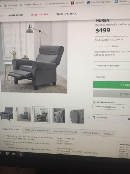 Ikea Muren Armchair Recliner in dark grey / charcoal