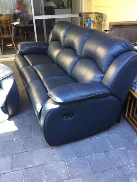 Blue Three Piece Leather reclining Lounge Suite