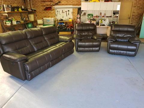 Leather Electric Recliner Lounge Set - 3 seater and 2 x singles