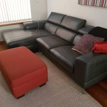 SOLD 3 seater dark grey leather couch with chaise