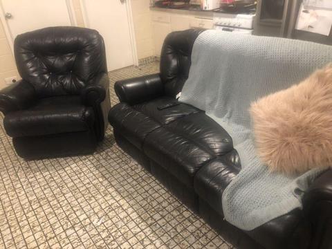 3 seater and 2 recliners black leather couch