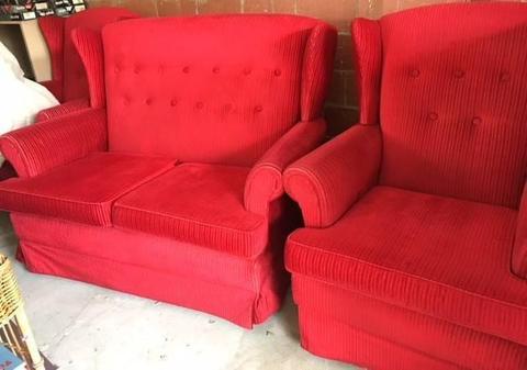 Classic wing back red velvet lounge suite