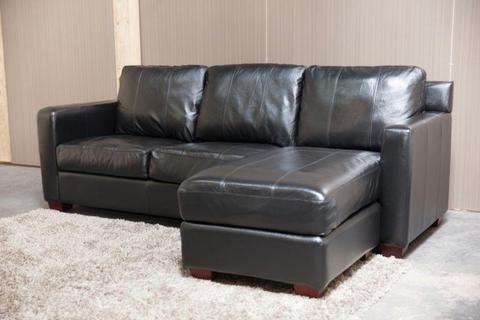 Genuine Leather Black 3 Seater Chaise Lounge. Excellent Condition