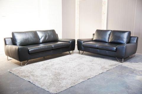 Genuine Leather Black 3 Seater with 2 Seater Lounge Suite. As NEW