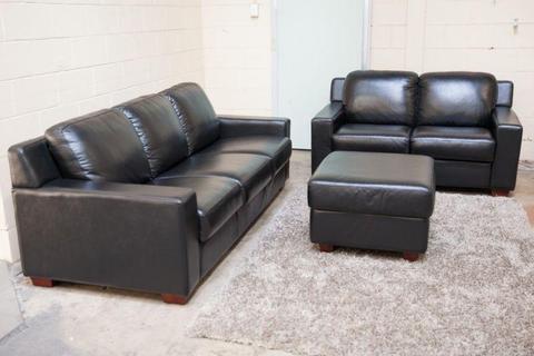 Nick Scali Black Genuine Leather 5 Seater Lounge Suite, Footstool