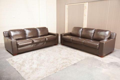 Chocolate Genuine Leather 3 Seater 2x Lounges Excellent Condition