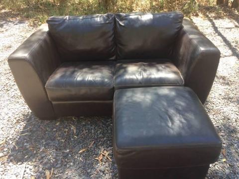 Brown Faux Leather 2 Seater Couch and Footstool