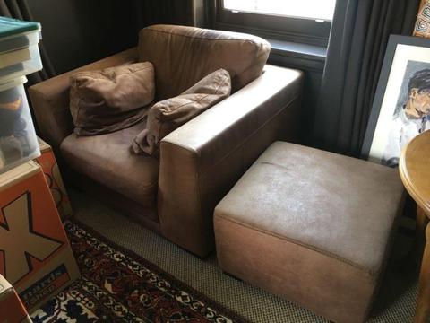 Brown Leather Sofa Chair and Footstool