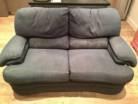 Blue corduroy 2-seater couch, well loved, super comfy