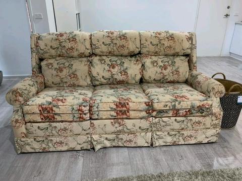 Well loved 3-seater couch and 2× armchairs