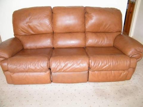 Leather Lounge, 3 Seater, Brown, Inbuilt Recliners