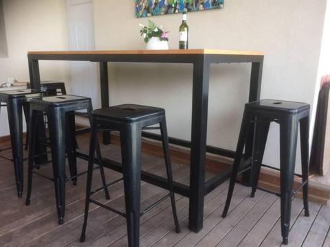 Bar table powdercoated steel and aged oregon seats 8-12 on stools