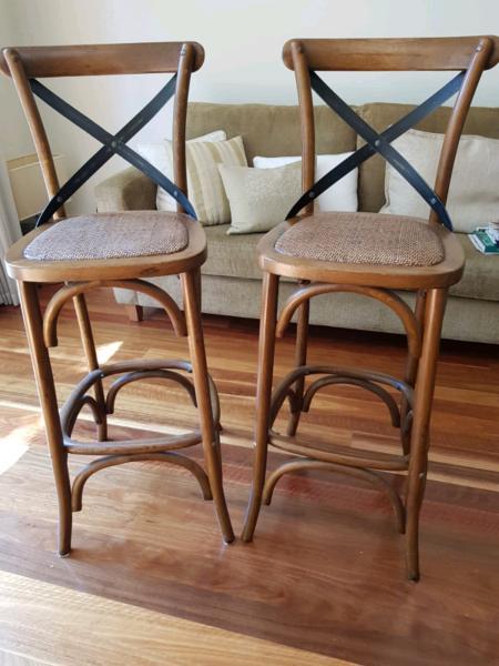 Pair of cross back bentwood bar stools