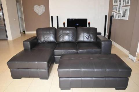 3 seater modular chocolate couch with chaise & ottoman