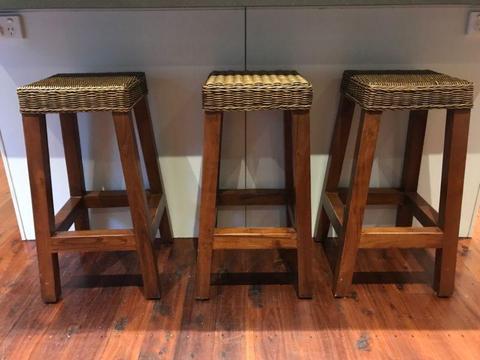 3No Falkenberg Solid Mango Wood Timber Bar Stool with Rattan Seat