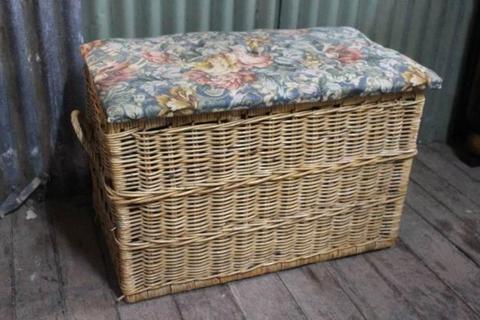 A Cane Storage Chest with Upholstered Seat Lid - Wicker Basket