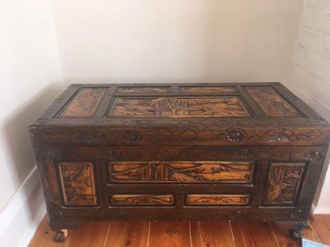 Camphor wooden blanket toy box carved chest coffee table oriental