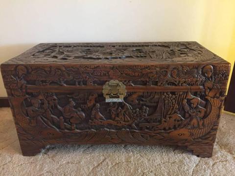 Camphor Hand Carved wood trunk/chest Antique Oriental (Chinese)