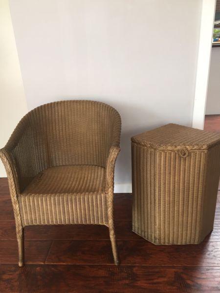 Wicker chair and laundry basket