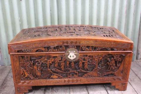 A Vintage Heavily Carved Oriental Camphor Wood Chest Trunk
