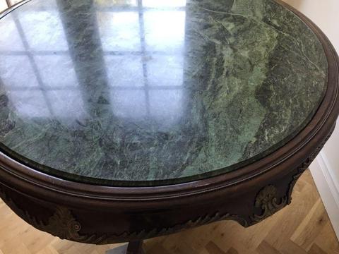 French Provincial round table with green marble insert