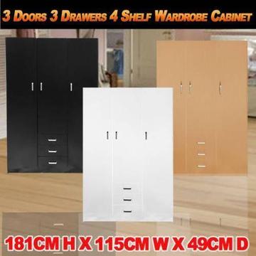 3 Doors 3 Drawers 4 Shelf Bedroom Wardrobe Cabinet Clothe Storage