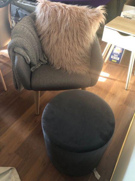Chair, ottomon, throw and cushion