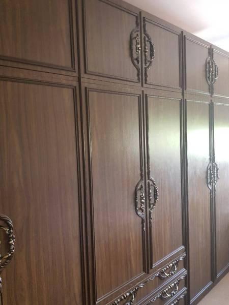 Impressive Huge Walnut and Brass wardrobe separates to 3 sections
