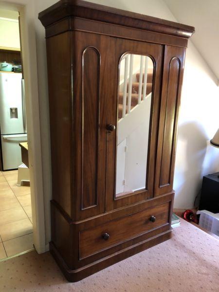 Antique wardrobe with full length mirror and drawer