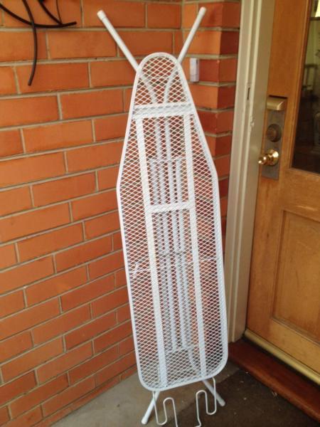 WHITE METAL FOLD UP IRONING BOARD, SILVER COVER FOAM PADDING
