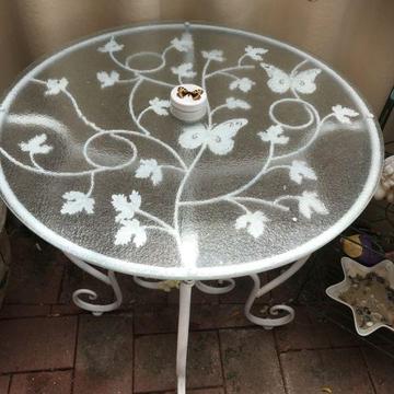 Beautiful white wrought iron round glass butterfly table