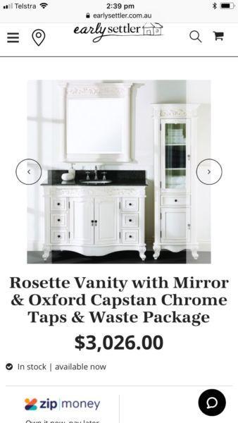 Rosette Vanity w/Mirror & Oxford Capstan Chrome Taps & Waste Package