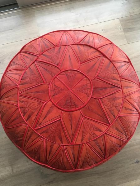 Red leather round Moroccan ottoman in good condition