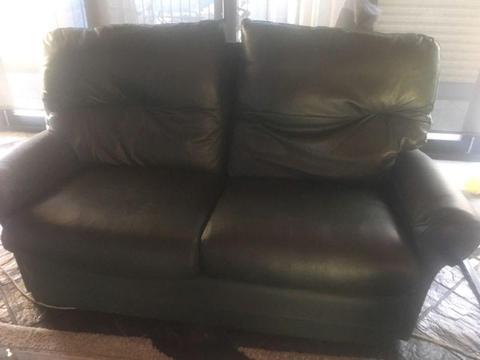 2x 2 seater green leather couches