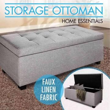 Blanket Box Ottoman Storage Linen Fabric Foot Stool Light Grey