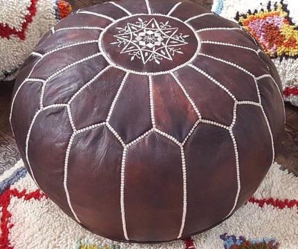 Moroccan Leather Pouf, Brown