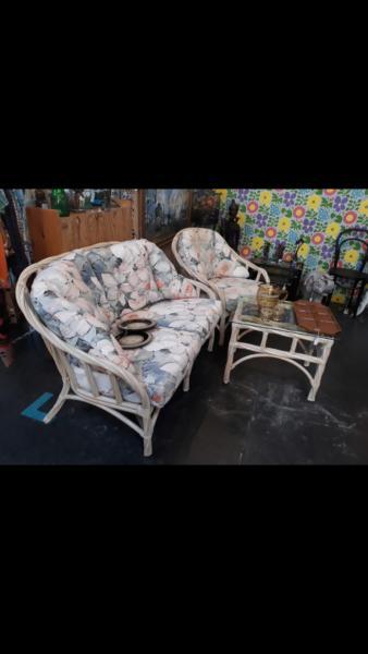 Vintage cane setting - 2 seater, single chair and table