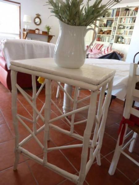 Vintage shabby chic unusual rustic/bambo side table white
