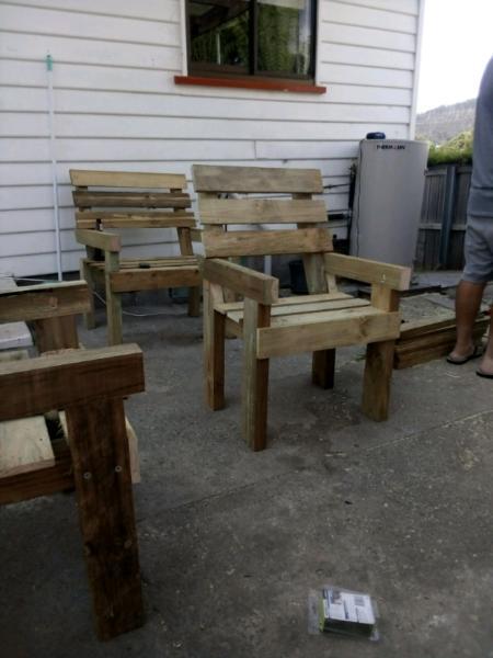 Rustic timber chairs and rustic 2 seats and table