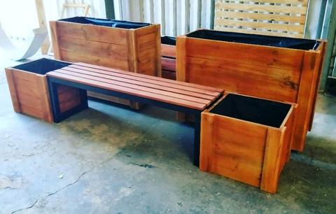 Outdoor bench seating with planters