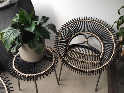 3 peice black and natural wicker chairs and side table