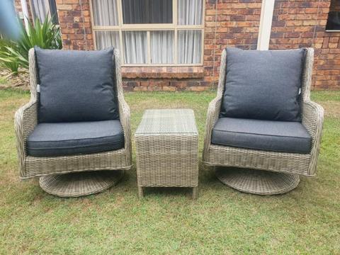 Outdoor rocker & swivel chairs with glass top table
