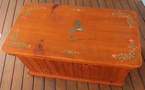 Pine Blanket Toy Box - Hand Decorated Top - Honey Colour Stain