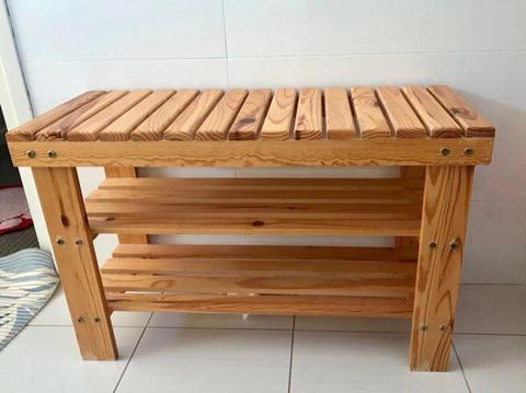 Brand new pine wood garden bench chair with storage shelves below